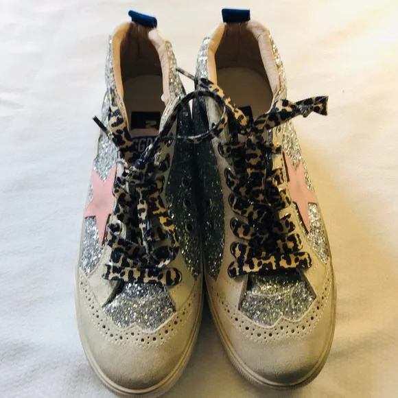 Golden goose mid star Silver Glitter High-Top Sneakers with Pink Star - Picture 4 of 16